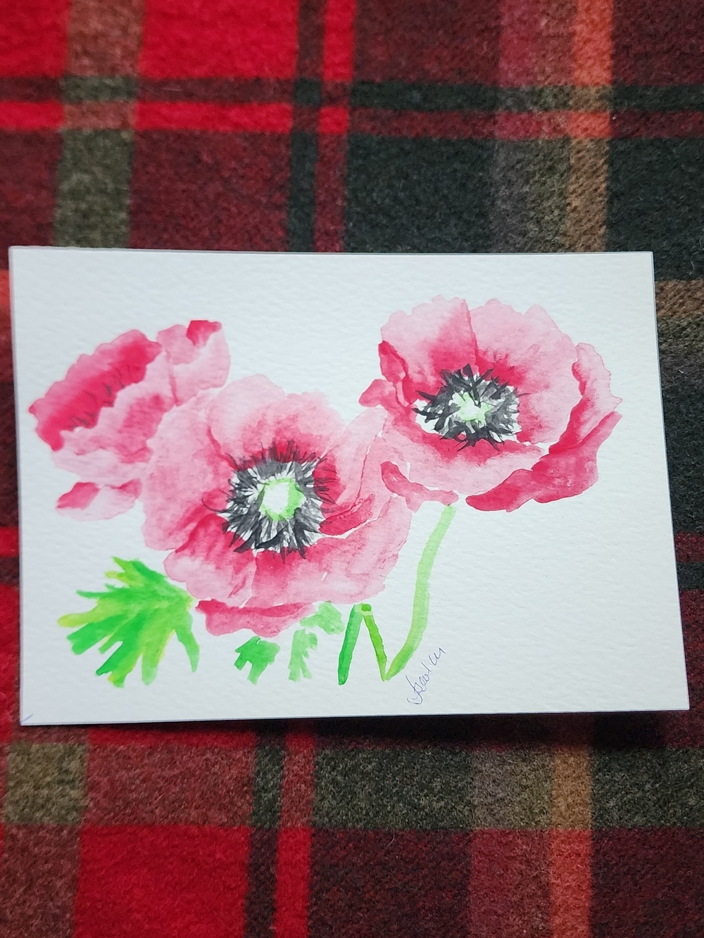 Watercolor Poppy Floral Art Print in Pink and Green